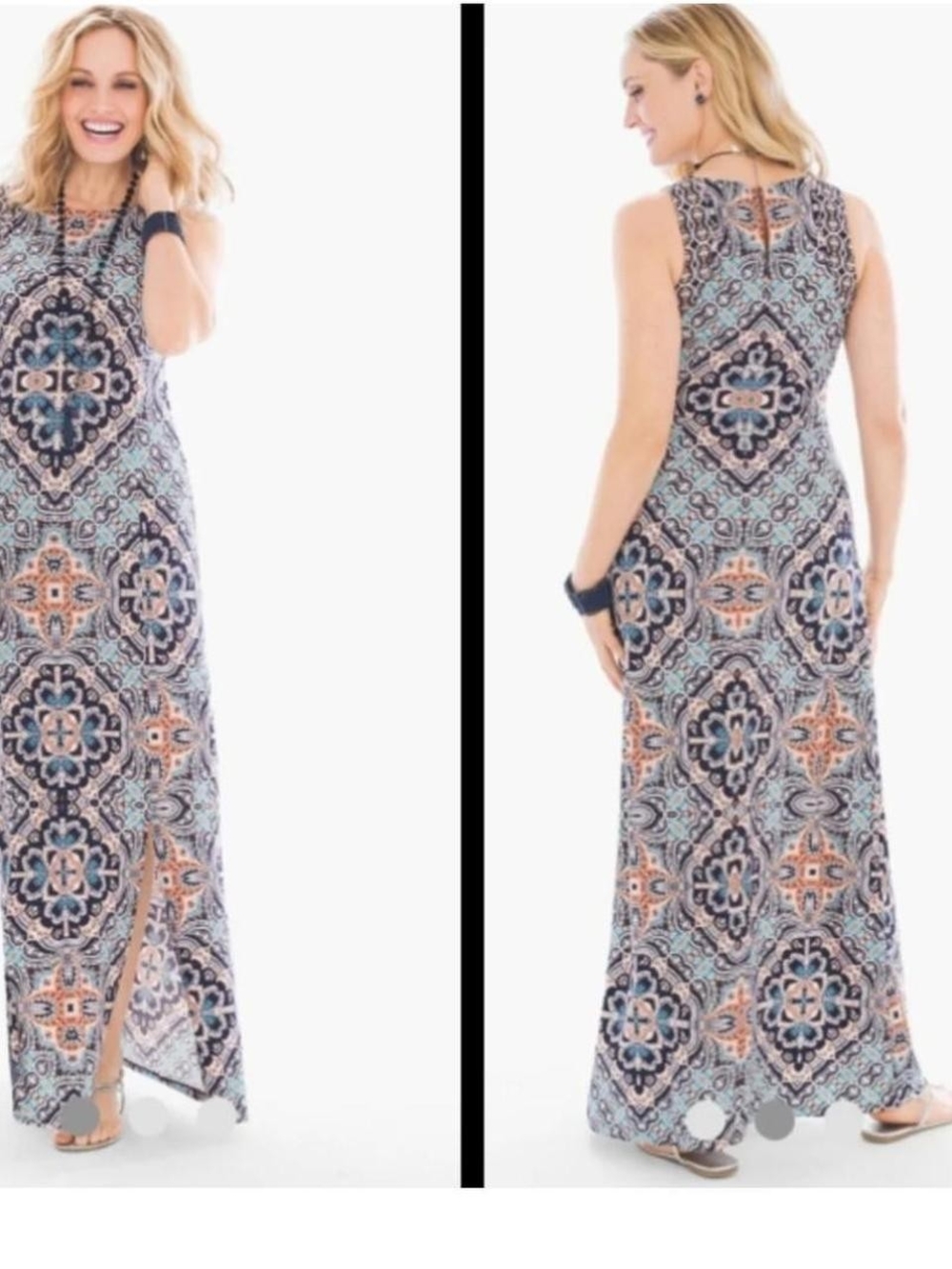 Chico's Sleeveless Geo-Print Maxi Dress in Navy & Coral